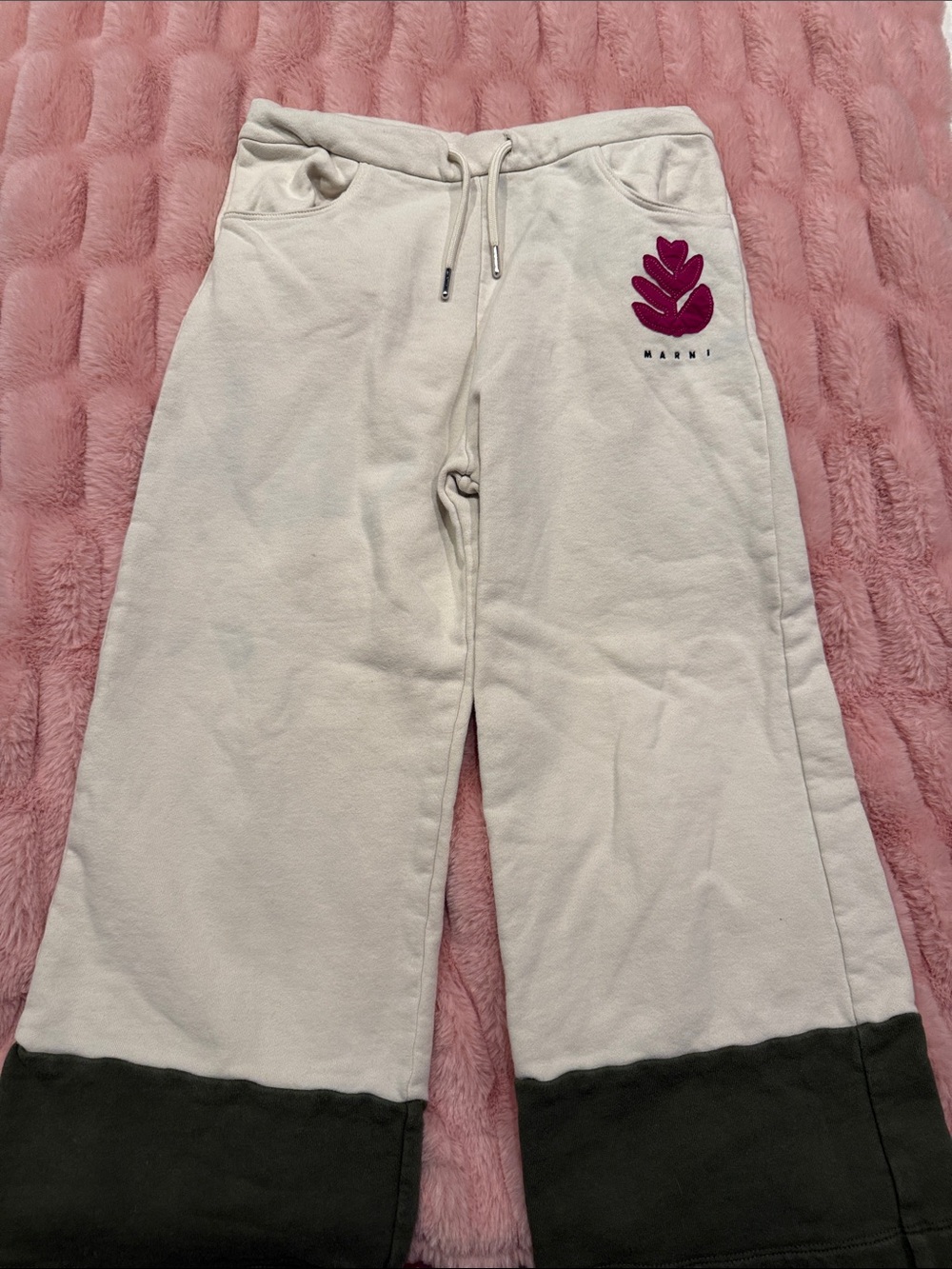 Marni Kids Cream Sweatpants with Pink Leaf Logo and Dark Trim